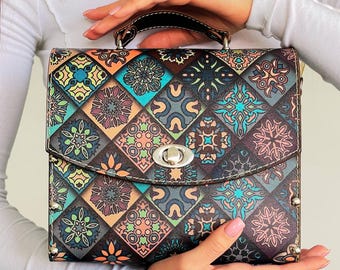 HandBag for Women Marocco Purse Set Vegan Leather Bag with Wooden Sides Witch Satchel Bag Vegan Leather Bag Witchcore Handbag Boho Style Bag