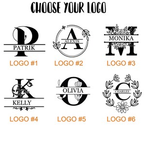 May include: Six different logo designs featuring a single letter with a name underneath. The logos are numbered 1 through 6. The logos feature floral designs, a wreath, and a simple line.