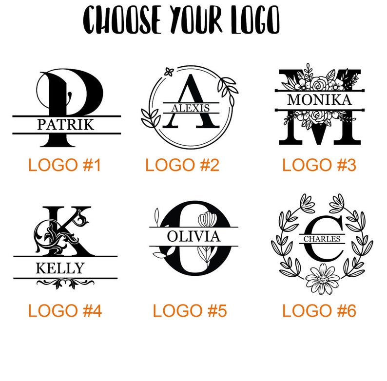 May include: Six different logo designs featuring a single letter with a name underneath. The logos are numbered 1 through 6. The logos feature floral designs, a wreath, and a simple line.