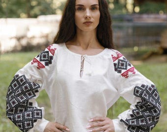 Ukrainian Linen Embroidered Blouse, Boho Vyshyvanka Shirt with Red and Black Folk Pattern, Handmade Ethnic Peasant Top Gift for Her