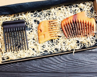 Beard Comb Gift Set for Men – 3 Handmade Wooden Combs – Unique Grooming Kit – Viking Beard Tools – Rustic Gift for Him Wooden Beard Comb
