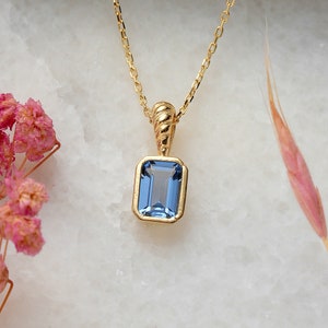 14K Gold Aquamarine Necklace, Solid 14K Gold Engagement Necklace, Dainty initial Aquamarine Pendant, Minimalist Baguette Aquamarine Pendant