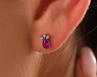 14K Real Gold Ruby Earrings, Dainty Custom Ruby Earrings, Minimalist 14K Gold Ruby Stud Earrings, Christmas Gift, December Birthstone