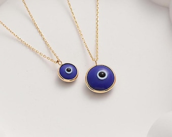 14K Solid Gold Evil Eye Necklace, Minimalist Dainty Pendant, Christmas Gift
