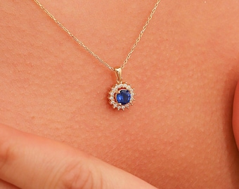 14K Gold Sapphire Pendant, Dainty Initial Birthday Jewelry, Handmade Real Gold Necklace