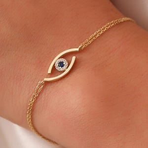 Bracciale con occhio in oro 14 carati, bracciale con occhio maligno in oro massiccio 14 carati, delicato bracciale con occhio maligno personalizzato, bracciale minimalista con occhio maligno, gioielli estivi