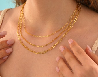 Real 14K Gold Paperclip Chain, Men And Women Gold Chain, Dainty Custom Paperclip Necklace, 1.5 MM 2.5 MM 3.5 MM 14K Gold Paperclip Chain