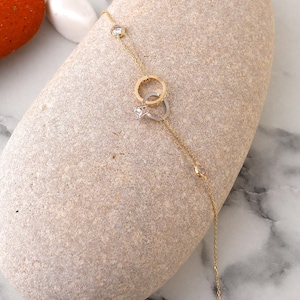 Double Circle Bracelet, Solid 14K Gold Anniversary Bracelet, Dainty Custom Solitaire Bracelet, Minimalist 14K Gold Double Circle Bracelet