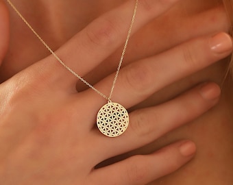 14K Gold Flower Of Life Necklace, 14K Real Gold Flower Necklace, Dainty initial Flower Of Life Pendant, Handmade 14K Gold Medallion Pendant