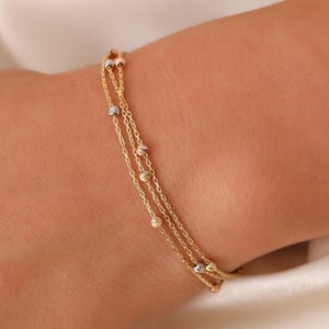 14K Gold Ball Bracelet, 14K Real Gold Ball Bracelet, Dainty Custom Three Color Ball Bracelet, Minimalist Three Chain Ball Bracelet