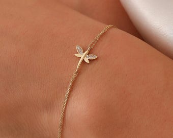 Tiny Dragonfly Bracelet, 14K Solid Gold Animal Bracelet, Dainty initial Dragonfly Bracelet, Handmade Gold Dragonfly Bracelet, Gift For Her