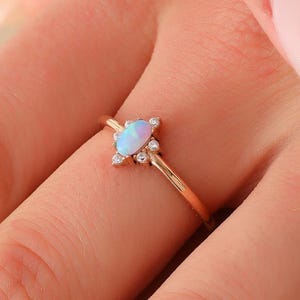 14K Gold Opal Ring, Dainty initial Blue Opal Ring, 14K Solid Gold Opal Ring, Minimalist Opal Ring, Stackable Ring, Christmas Gift