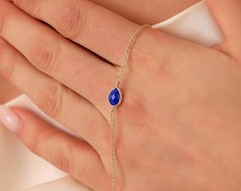 14K Gold Sapphire Bracelet, Handmade Oval Bracelet, 14K Real Gold Sapphire Bracelet, Dainty initial Drop Sapphire Bracelet, Christmas Gift