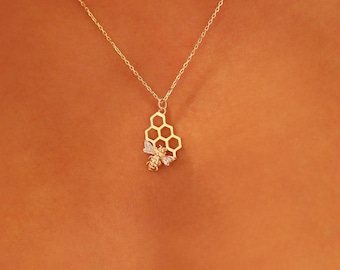 Beehive Necklace, 14K Solid Gold Beehive Necklace, Minimalist Bee Pendant, Dainty Custom Animal Necklace, Christmas Gift, Great Gift For Her