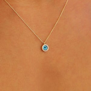 Tiny 14K Gold Eye Necklace, 14K Solid Gold Evil Eye Necklace, Minimalist Eye Necklace, Dainty initial Evil Eye Necklace, Summer Jewelry