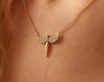 14K Gold Angel Pendant, 14K Solid Gold Cherub Necklace, Minimalist 14K Gold Angel Pendant, Dainty initial Angel Necklace, Summer Jewelry