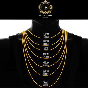 May include: A silhouette of a person wearing a gold chain necklace with different lengths marked in inches and centimeters. The lengths are 15, 16, 18, 20, 24, 30, and 36 inches.