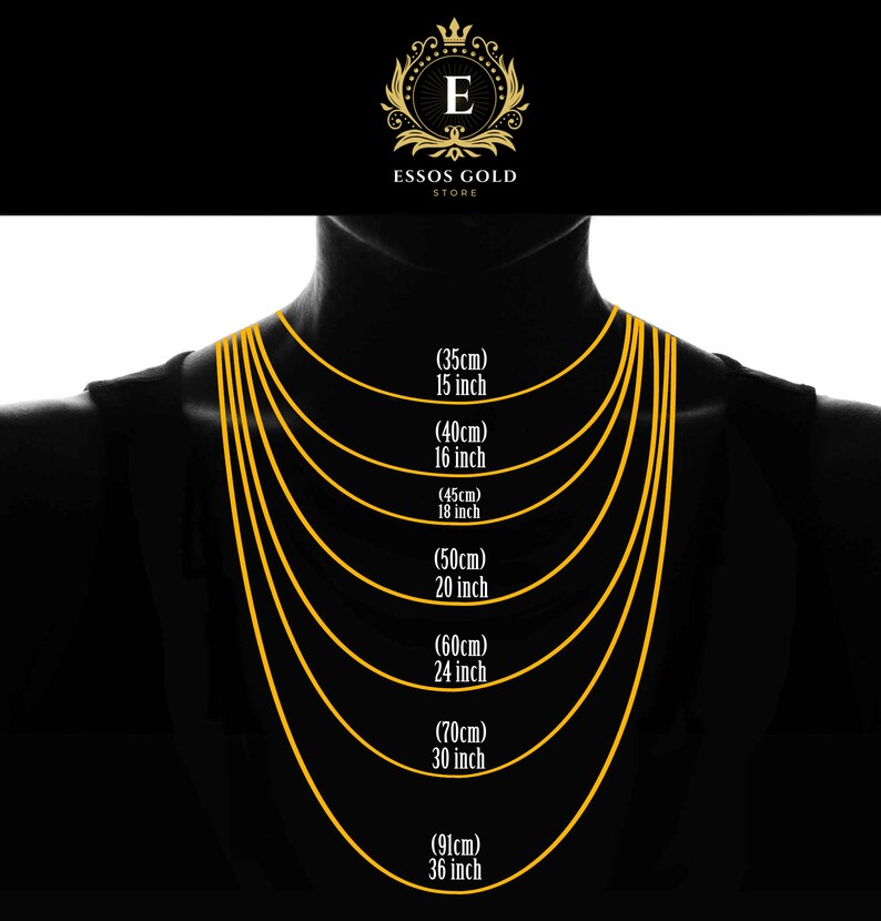 May include: A silhouette of a person wearing a gold chain necklace with different lengths marked in inches and centimeters. The lengths are 15, 16, 18, 20, 24, 30, and 36 inches.