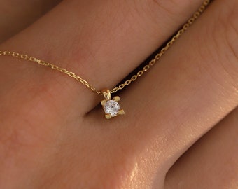 Collana con solitario minuscolo, collana per anniversario in oro massiccio 14 carati, delicata collana di fidanzamento con iniziale, collana con solitario minimalista in oro 14 carati