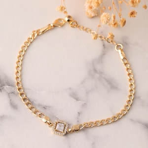 Baguette Bracelet, 14K Solid Gold Baguette Bracelet, Dainty initial Baguette Bracelet, Handmade Miami Cuban Bracelet, Christmas Gift