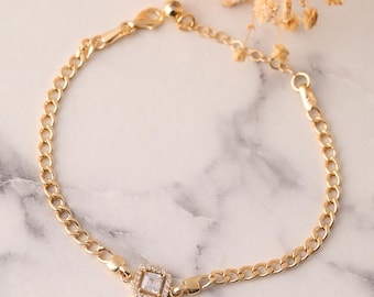 Baguette Bracelet, 14K Solid Gold Baguette Bracelet, Dainty initial Baguette Bracelet, Handmade Miami Cuban Bracelet, Christmas Gift