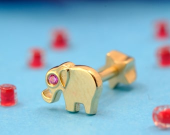 14K Gold Elephant Tragus, Handmade Gold Animal Tragus, 14K Solid Gold Cartilage Tragus, Minimalist 6.6 MM Gold Elephant Screwing Tragus