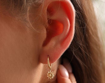 Buy 14K Gold Sun Earrings, Solid 14K Gold Celestial Earrings  display picture 1