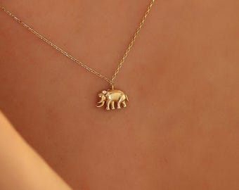 Collana con elefante, collana con elefante in oro massiccio 14 carati, collana minimalista con elefante, grazioso ciondolo con iniziale a forma di elefante, regalo di Natale