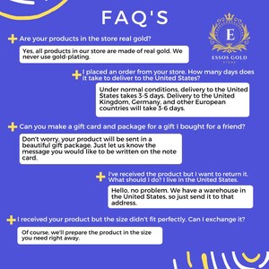 May include: A blue and yellow graphic with a white text box containing frequently asked questions about a gold store. The text box includes questions about the authenticity of the gold, shipping times, gift wrapping, returns, and exchanges. The store logo is in the upper right corner and says "ESSOS GOLD STORE".