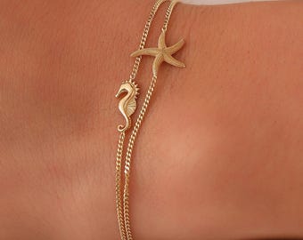 Braccialetto per coppie minuscolo, Braccialetto con animali in oro massiccio 14 carati, Delicato bracciale personalizzato con cavalluccio marino, Braccialetto minimalista con stella marina in oro 14 carati, Gioielli estivi