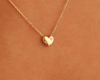 Dainty 14K Gold Heart Necklace, Initial Pendant, Anniversary Gift