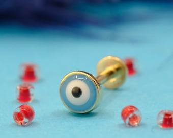 14K Gold Evil Eye Earring, Handmade Gold Eye Tragus, 14k Solid Gold Eye Earring, Minimalist Gold Screwing Tragus, 5.00 MM Gold Eye Tragus