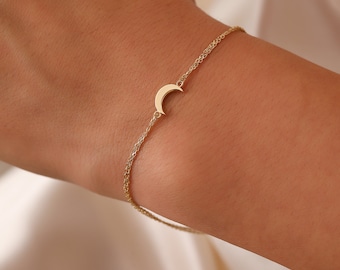 Tiny Moon Bracelet, 14K Real Gold Celestial Bracelet, Dainty Custom Moon Bracelet, Minimalist 14K Gold Moon Bracelet, Summer Jewelry