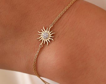 Tiny Sun Bracelet, 14K Real Gold Celestial Bracelet, Dainty Custom Sun Bracelet, Minimalist 14K Gold Sun Bracelet, Summer Jewelry