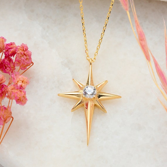 14K Gold North Star Necklace, 14K Solid Gold Celestial