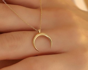 Moon Necklace, Minimalist Crescent Pendant, 14K Solid Gold Horn Necklace, Handmade Moon Necklace, Christmas Gift, Great Gift For Her
