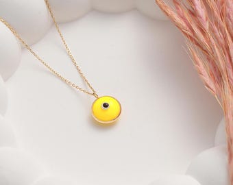 14K Solid Gold Evil Eye Necklace, Minimalist Dainty Pendant, Yellow Gold Chain