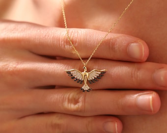 14K Real Gold Phoenix Necklace, Dainty Custom Animal Jewelry, Handmade Unique Phoenix Bird Pendant, Christmas Gift