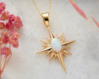 14K Gold North Star Necklace, 14K Solid Gold Celestial Necklace, Handmade Opal North Star Pendant, Dainty Custom Opal Star Pendant