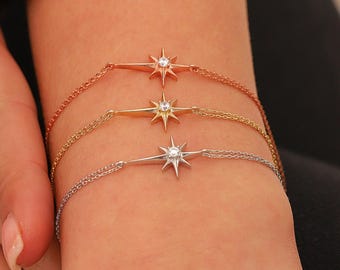 Bracciale Stella Polare, Bracciale Stella in oro vero 14 carati, Delicato Bracciale Stella Polare con iniziale, Bracciale Celeste Minimalista, Regalo di Natale