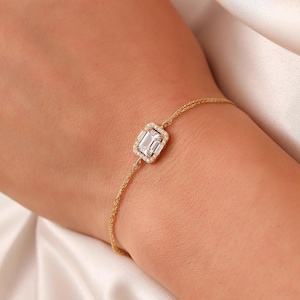 14K Gold Baguette Bracelet, Real 14K Gold Anniversary Bracelet, Dainty initial Baguette Bracelet, Handmade Baguette Bracelet, Christmas Gift
