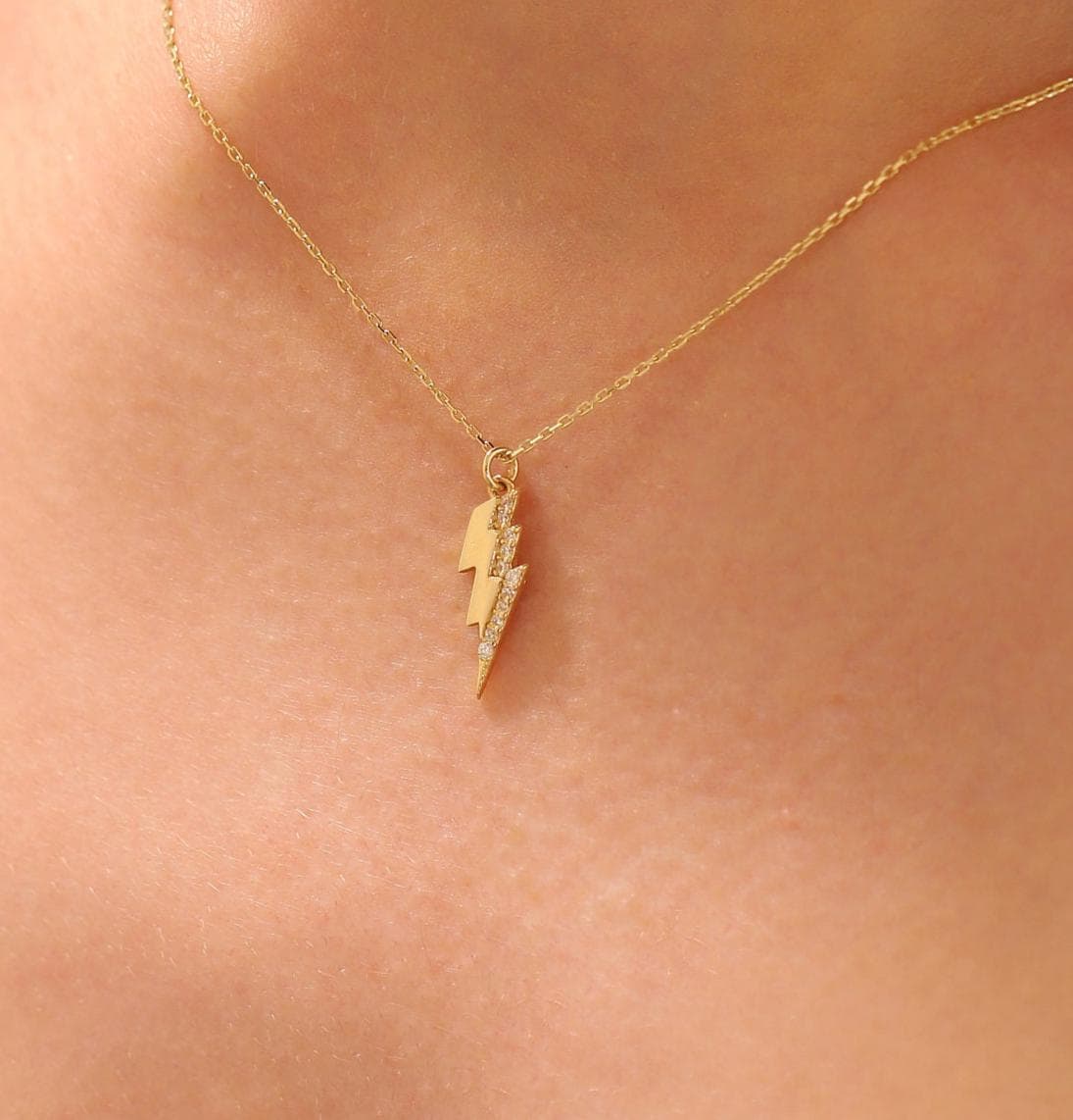 Lightning Bolt Necklace, 14K Solid Gold Lightning Necklace, Dainty initial Lightning Bolt Necklace, Minimalist Thunder Bolt Pendant