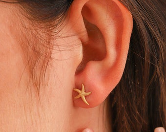 Starfish Earrings, 14K Solid Gold Starfish Earrings, Dainty Starfish Stud Earrings, Minimalist 14K Sea Animal Stud Earrings, Christmas Gift