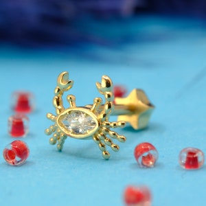 14K Gold Crab Earring, Handmade Gold Crab Tragus, 14K Solid Gold Animal Earring, Tiny Gold Crab Screwing Tragus, Summer Jewelry