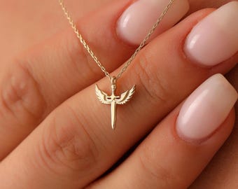 Piccolo ciondolo a forma di angelo, collana a forma di angelo in oro massiccio 14 carati, ciondolo a forma di angelo minimalista in oro 14 carati, graziosa collana con iniziale cherubino, regalo di Natale