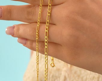 Real 14K Gold Figaro Chain Bracelet, Men And Women Gold Bracelet, 2.0 MM 3.0 MM 14K Gold Heavy Thick Link Bracelet, Figaro Chain Bracelet