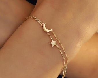 Bracciale a forma di stella in oro 14 carati, bracciale celeste in oro massiccio 14 carati, grazioso bracciale con iniziale lunare, bracciale minimalista con luna e stelle, regalo di Natale