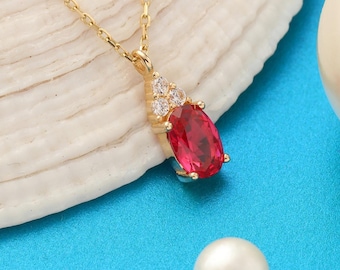 Robijnrode ketting, 14K massief gouden robijnrode ketting, sierlijke eerste robijnhanger, minimalistische ovale robijnrode ketting, kerstcadeau, verjaardagscadeau