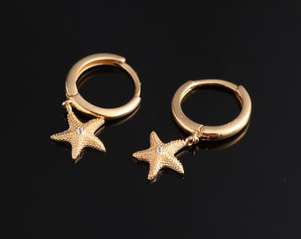 Orecchini a forma di stella marina in oro 14 carati, orecchini a forma di animale marino in vero oro 14 carati, orecchini a forma di stella marina personalizzati e delicati, orecchini a forma di stella marina minimalisti, gioielli estivi