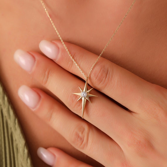 14K Gold North Star Necklace, 14K Solid Gold Celestial